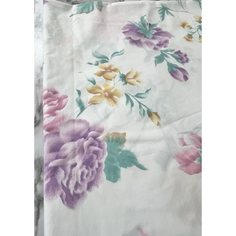 Cannon Vtg Twin Flat Sheet Floral Pink Purple Yellow Rose Cottagecore USA